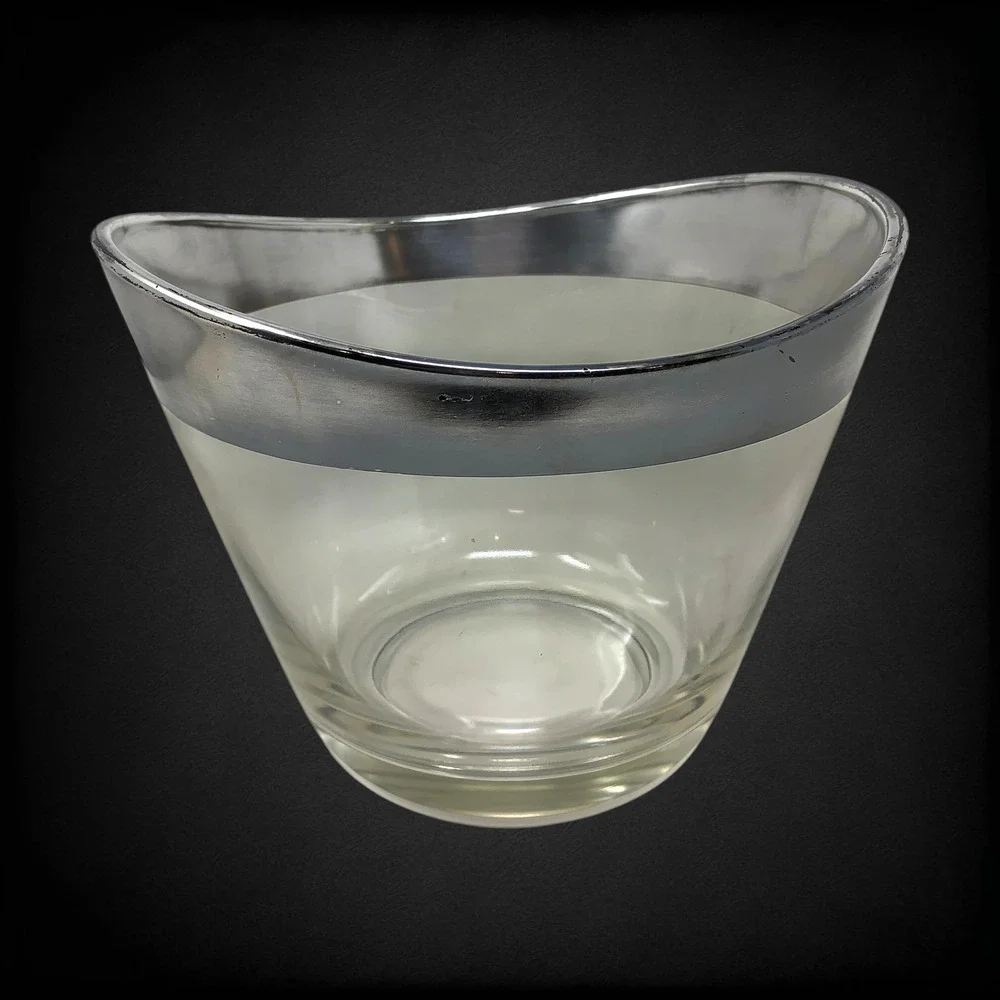 Vtg MCM Sculptural Art Glass Bowl Ice Bucket Silver Band Dorothy Thorpe Style